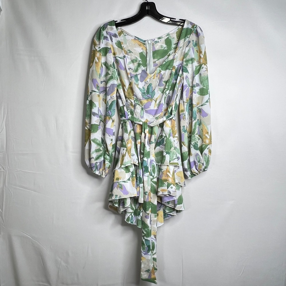 Green Purple Floral Romper Women Medium Long Sleeve Ruffle Shorts Tie Waist Boho